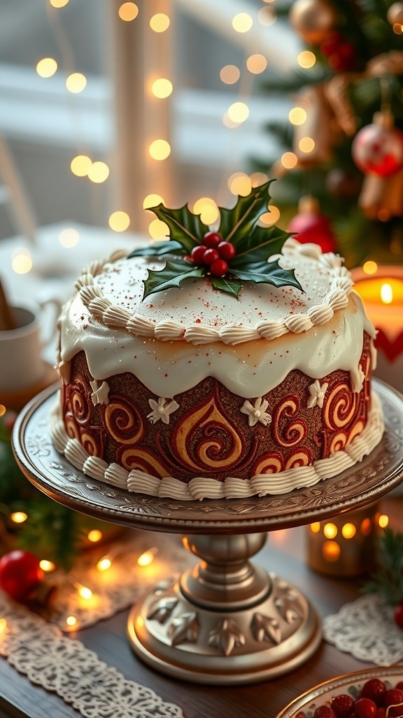 Traditional Christmas Cake Recipe A traditional Christmas cake decorated with icing and holly, set on a festive table.